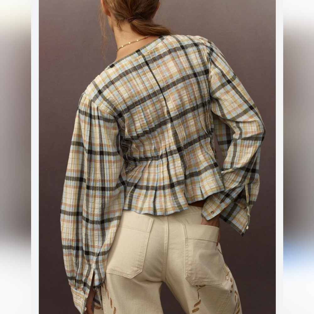 Pilcro Long Sleeve Pleated Plaid Relaxed Swing Blouse Size XL Cotton Elastane - Picture 3 of 15